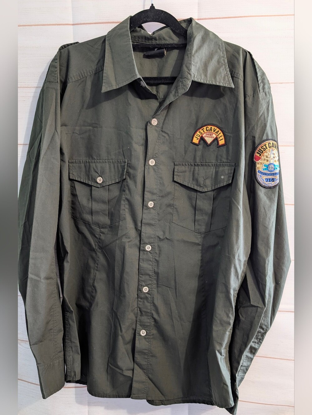 Rare LTE Roberto Cavalli Just Cavalli Dark Olive Green Shirt w/ Ornate Patches